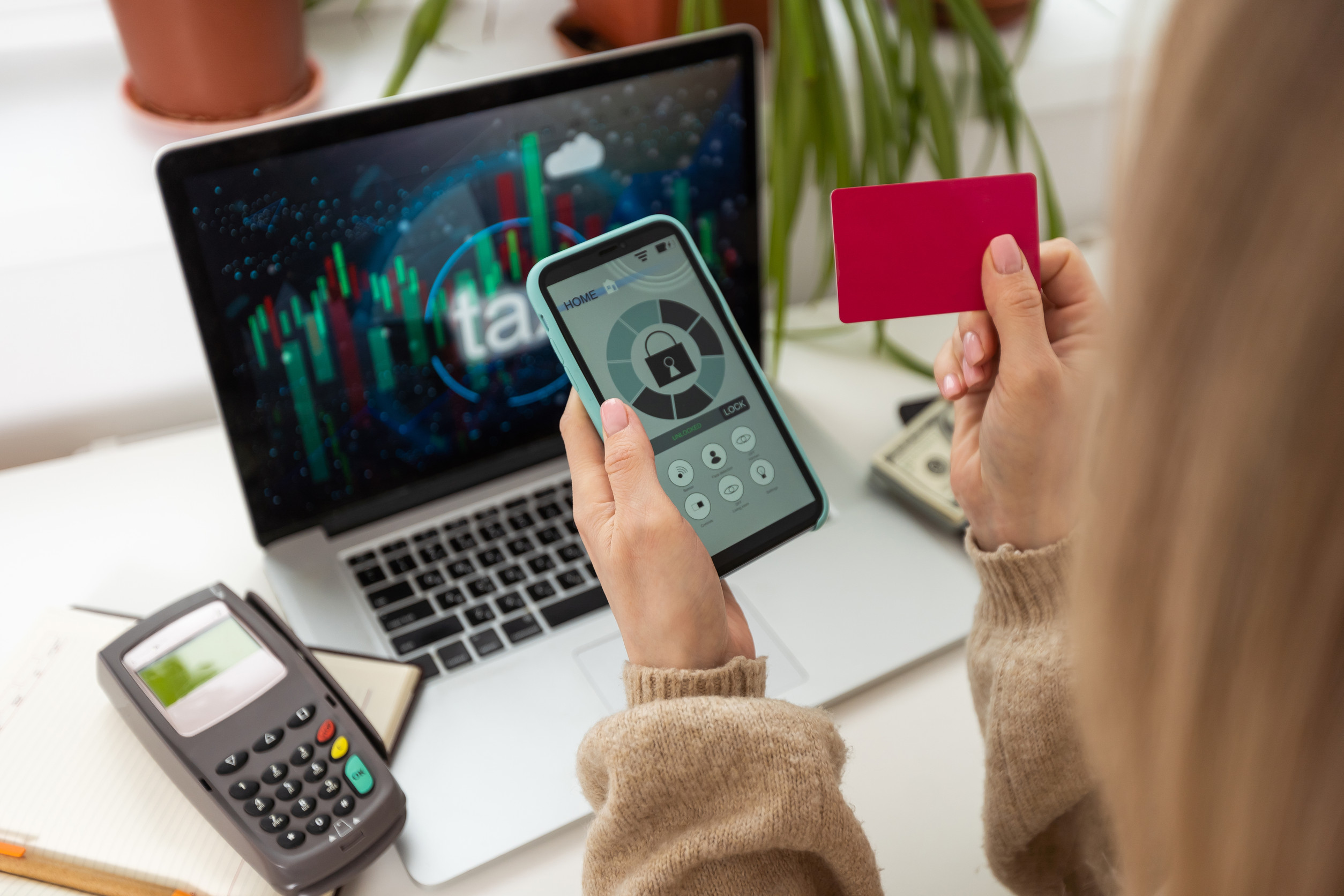 Woman checking her credit score before making a purchase using a credit card